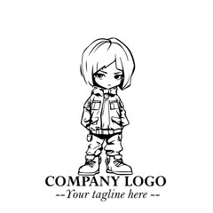 Black and White Chibi Girl Standing in Jacket, Pants, and Boots. Simple Bold Vector Illustration
