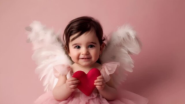 A portrait of a young child with angel wings, holding a red heart. The child is wearing a pink dress with white ruffles. The background is a soft pink, and there is no text present.