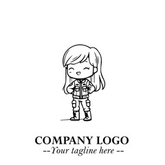 Black and White Chibi Girl Standing in Jacket, Pants, and Boots. Simple Bold Vector Illustration
