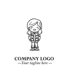 Black and White Chibi Girl Standing in Jacket, Pants, and Boots. Simple Bold Vector Illustration
