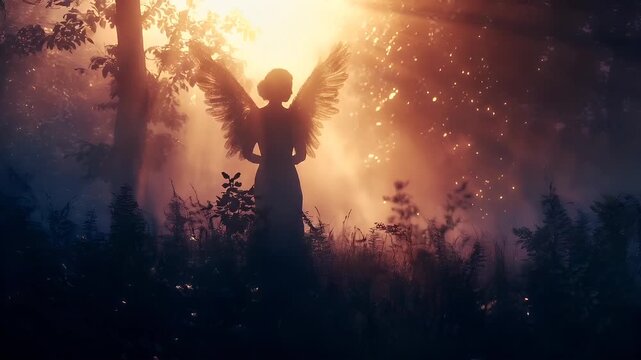 A silhouette of an angel standing amidst a forest during sunset. The angels wings are spread wide, and the sun casts a warm, golden hue over the scene.