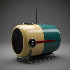 A classic vintage radio adorned in green, yellow, and red hues, reflecting a charming retro aesthetic.