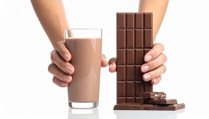 Hands holding a glass of chocolate milk and a chocolate bar. A classic delicious treat