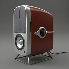 A red and silver speaker with a cord, positioned upright on a surface, showcasing its sleek design.