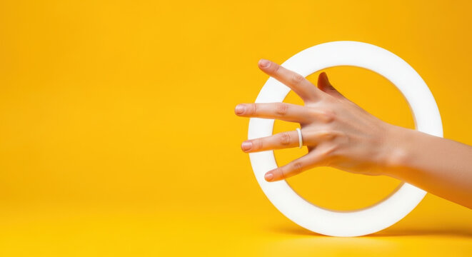 Hand Holding Ring Light Glow Shine Bright: Woman Hand Isolated Against Yellow Background Showing Technology Modernity Advertising Concept