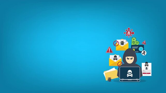 Hacker with laptop computer stealing confidential data, personal information and credit card detail. Hacking concept.	