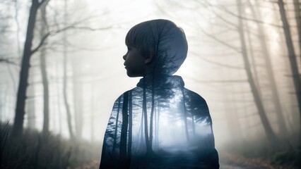 Serene silhouette of a child in a lush forest during sunrise capturing peaceful outdoor scenery with trees, nature, and tranquil wilderness atmosphere