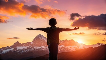 Beautiful outdoor mountain landscape with vibrant sunset sky, scenic horizon view, colorful clouds, peaceful wilderness scene, and adventure travel inspiration