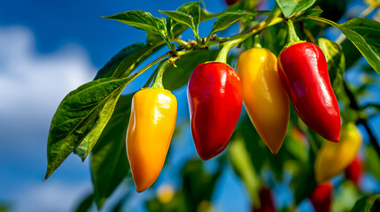 Red, yellow and green peppers hanging on the plant against blue sky