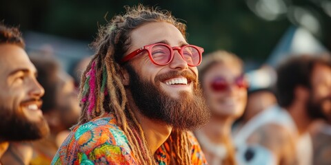 Happy man with dreadlocks and red glasses smiles brightly at an outdoor music festival