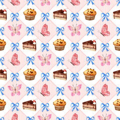 Dessert seamless pattern with blue bow, muffin, slice cake, and butterfly. Suitable for print and product packaging.