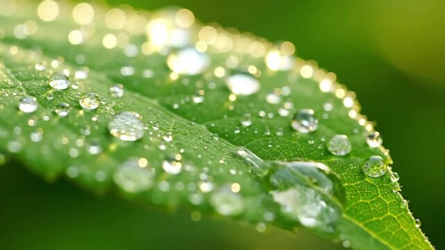 Intricate details of a dew kissed leaf surface, showcasing the delicate veins and microscopic textures under soft, natural light, emphasizing organic growth.
