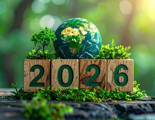 Ekologiczne, noworoczne tło z napisem 2026 na drewnianych klockach, powyżej planeta Ziemia, drzewa, rośliny, mech © Monika
