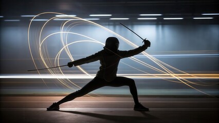 Dynamic fencing athlete in action demonstrating agility, precision, and athleticism during competition with modern sport gear in an indoor setting