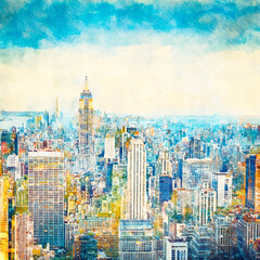 都会風景　水彩画風　抽象風景