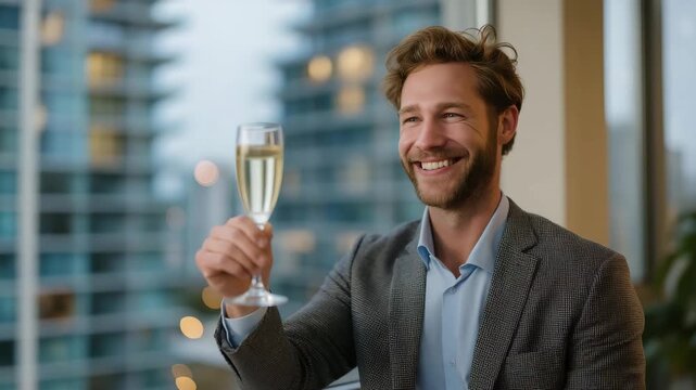Luxury property developer raising glass in office overlooking high-rise commercial district, celebrating significant ROI from smart real estate acquisitions, symbolizing urban growth, investment