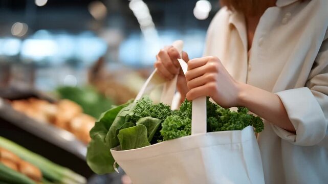 Meal prep shopper scans fresh produce, deliberating food choice in a supermarket. Paper receipt in pocket, canvas tote in cart, store aisle hums with cooler fans.  cinematic color correction,