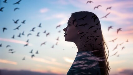 Elegant silhouette of woman with flowing hair amidst flying birds during sunset, capturing serenity, natural beauty, peaceful outdoor scene, and artistic landscape