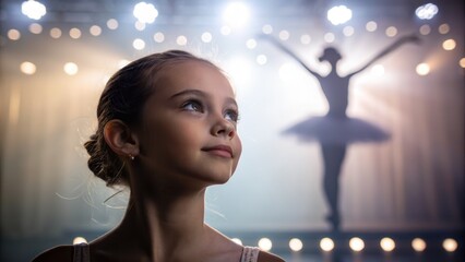 Elegant young girl ballet dancer performing on stage with graceful pose, vibrant lighting, artistic expression, and professional stage presence in a cultural performance