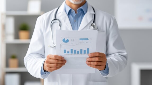Physician Examines Patient Charts in Digital Health Setting with Focus on Graphs and Data Presentation in Modern Medical Office Environment - Powered by Adobe