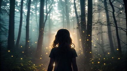 Serene forest scene featuring silhouette of girl exploring nature with sunlight rays filtering through trees, creating a peaceful and enchanting outdoor atmosphere