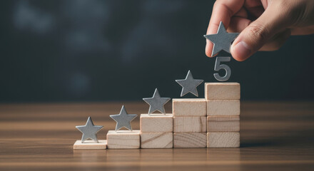 Hand Stacking Rating Stars Five Number Wooden Blocks Success Concept Business Quality Evaluation Review Satisfaction Feedback Customer Service