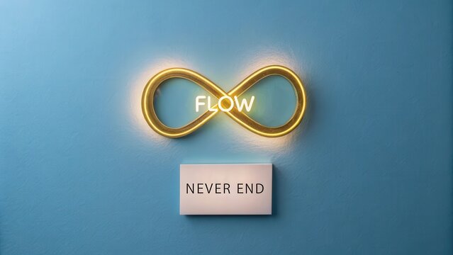 A golden neon infinity loop symbol on blue background