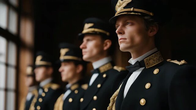 Military officers standing in formation while following strict command protocol, symbolizing discipline, structured hierarchy, and precision in defense strategy and tactical planning.  cinematic