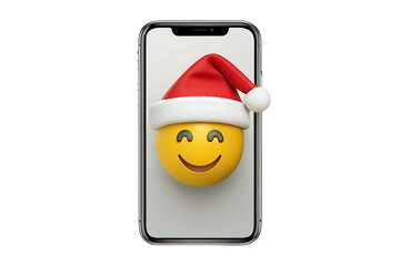 Smartphone displaying happy emoji wearing Santa hat on screen, modern technology meets Christmas, isolated on a transparent background