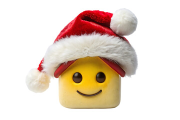 Yellow smiley face house decoration wearing oversized red and white Santa hat, cheerful Christmas ornament character, isolated on a transparent background