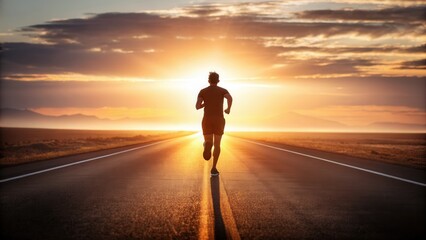 Dynamic runner silhouette on scenic road at sunset with vibrant sky, outdoor landscape, horizon view, and inspiring adventure in nature