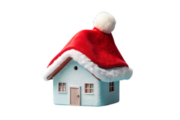 Light blue cottage decoration with wooden door, three windows, red Santa hat with white trim, isolated on a transparent background