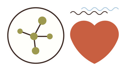 Network structure with interlinked nodes in a circle next to a red heart and abstract wave lines. Ideal for connection, relationships, love, science, technology, emotion, simplicity, flat metaphor
