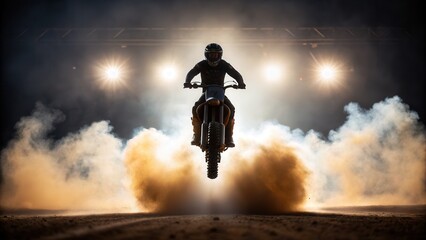 Dynamic motorcycle rider in mid-air jump showcasing adventure, speed, off-road terrain, outdoor activity, adrenaline, safety gear, performance, thrill, and urban style in a high-energy outdoor scene