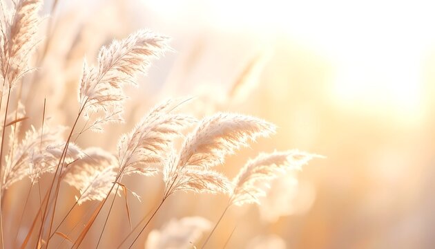 Delicate pampas grass swaying in the wind, illuminated by the warm, golden glow of a beautiful sunrise or sunset