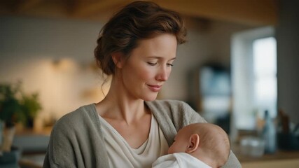 Mother wearing a casual outfit standing in the kitchen holding her baby while multitasking, emotion of determination and love visible, symbolizing working mom lifestyle, time management, and family