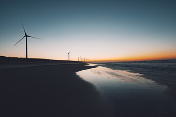 朝焼けの海辺に並ぶ風力発電の風車と砂浜の風景
