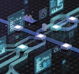 artificial intelligence abstract background, Robot and human hands interacting, Hand holding virtual Global Internet connection,Futuristic cityscape with glowing lines,Modern workspace with computer