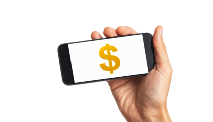A hand holding a mobile phone displaying a golden dollar sign