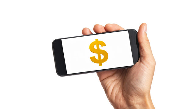 A hand holding a mobile phone displaying a golden dollar sign