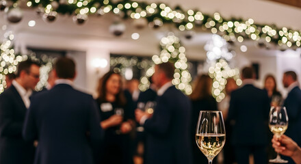 Business professionals gather at holiday party with wine and christmas decorations in background