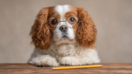 Adorable Dog with Glasses and Pencil on Table in Humorous Scene Captured in High-Quality Stock Photo for Creative Projects