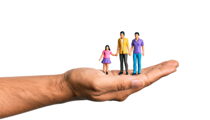 A tiny family figurines held within a giant hand, showcasing the concept of support and care. This symbolizes nurturing, protection, and the importance of family values.