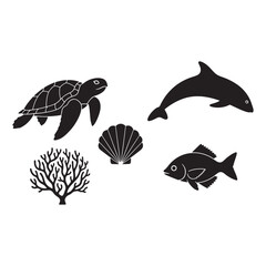 Ocean Life Silhouette Vector Bundle - Sea Turtle, Fish, Coral, and Bubbles