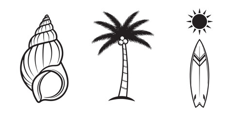 Seashell and Coconut Tree Silhouette Vector Set - Surfboard and Sun Icons