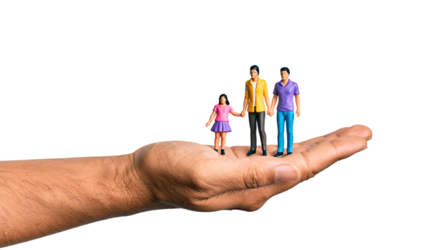 A tiny family figurines held within a giant hand, showcasing the concept of support and care. This symbolizes nurturing, protection, and the importance of family values.