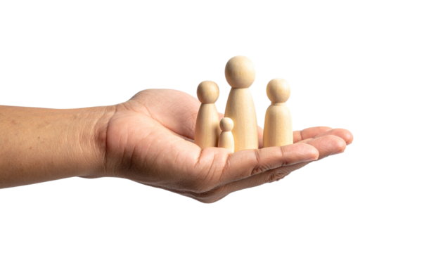 A hand holding a family symbol. It conveys the concept of care, support and protection