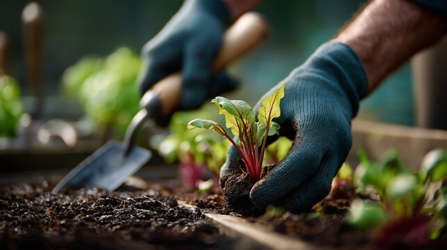 Faceless hands in gardening gloves planting colorful spring flower seedlings in rich soil defocused trowel and tools in background seasonal planting activity close up