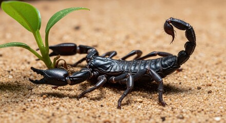 A black scorpion crawls on sand near a tiny green plant, with tail curled up
