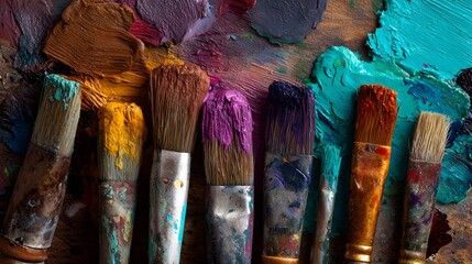 Row of used paintbrushes rests atop a richly textured palette covered in vibrant oil pigments